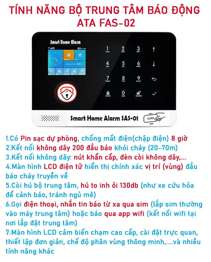 Bộ thiết bị báo cháy không dây gọi qua điện thoại ATA FAS-02 (Hú còi inh ỏi, pin sạc dự phòng, hiển thị vị trí cháy, gọi điện nhắn tin qua sim, qua phần mềm app từ xa)(đầu báo cháy độ nhạy cao, chip, mạch in ổn định)