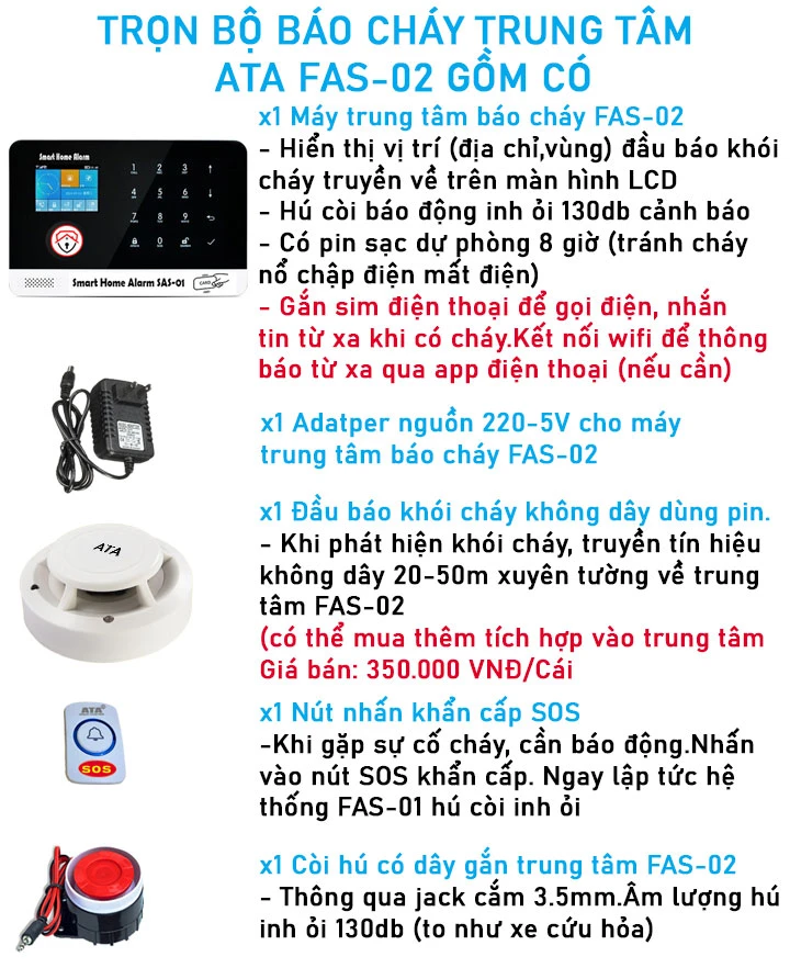 Bộ thiết bị báo cháy không dây gọi qua điện thoại ATA FAS-02 (Hú còi inh ỏi, pin sạc dự phòng, hiển thị vị trí cháy, gọi điện nhắn tin qua sim, qua phần mềm app từ xa)(đầu báo cháy độ nhạy cao, chip, mạch in ổn định)